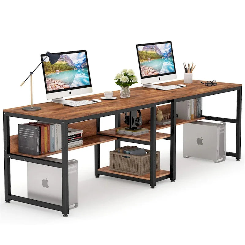 Industrial Double Desk with Bookshelf, 2-Person, Brown+Black / Black / White / Grey