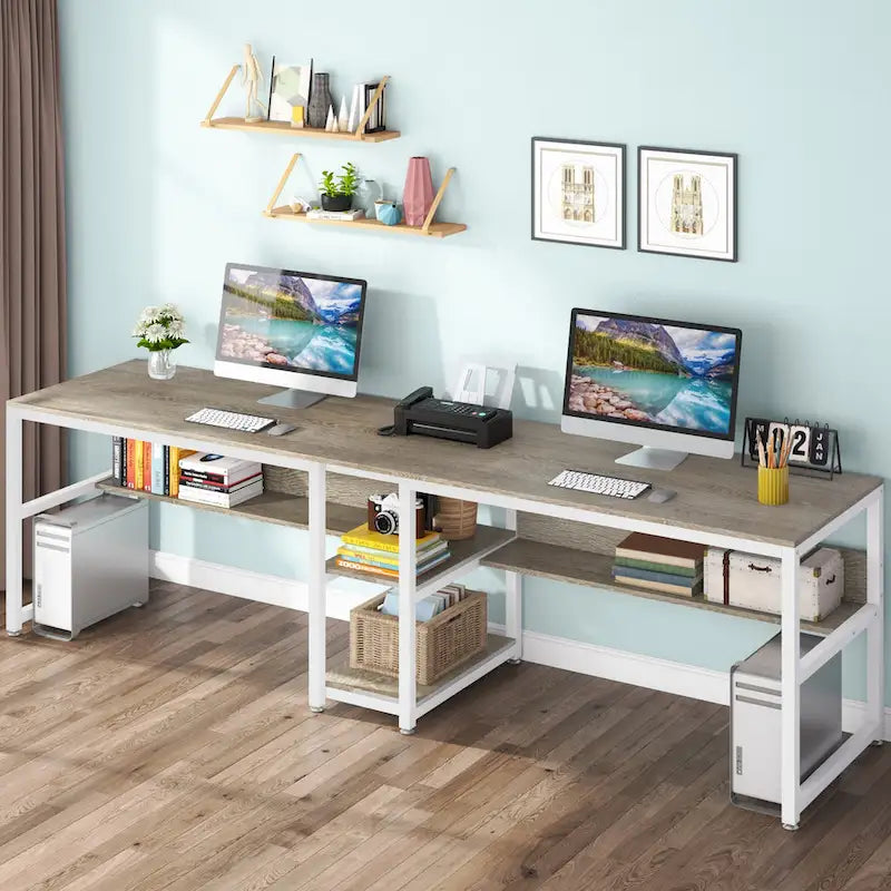 Industrial Double Desk with Bookshelf, 2-Person, Brown+Black / Black / White / Grey