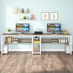 Industrial Double Desk with Bookshelf, 2-Person, Brown+Black / Black / White / Grey