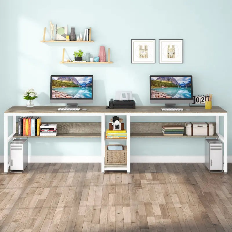 Industrial Double Desk with Bookshelf, 2-Person, Brown+Black / Black / White / Grey