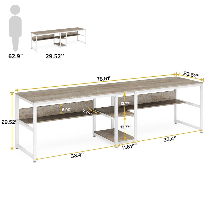 Industrial Double Desk with Bookshelf, 2-Person, Brown+Black / Black / White / Grey