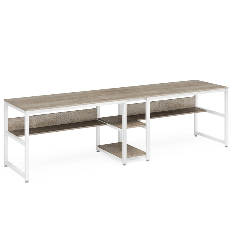 Industrial Double Desk with Bookshelf, 2-Person, Brown+Black / Black / White / Grey