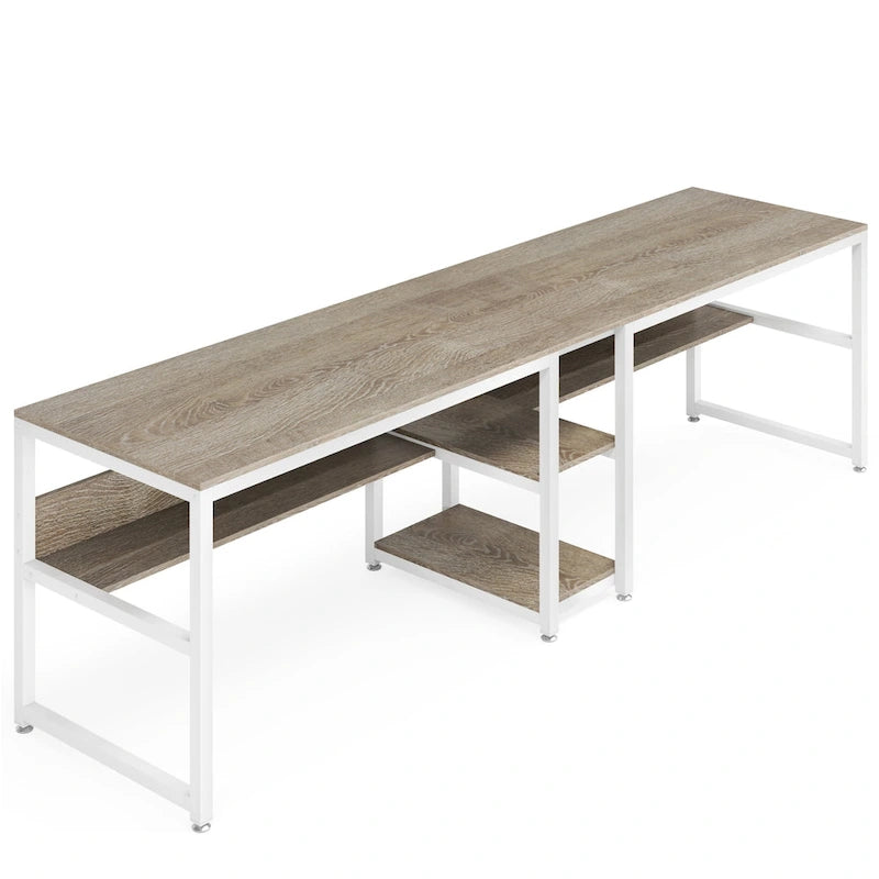 Industrial Double Desk with Bookshelf, 2-Person, Brown+Black / Black / White / Grey