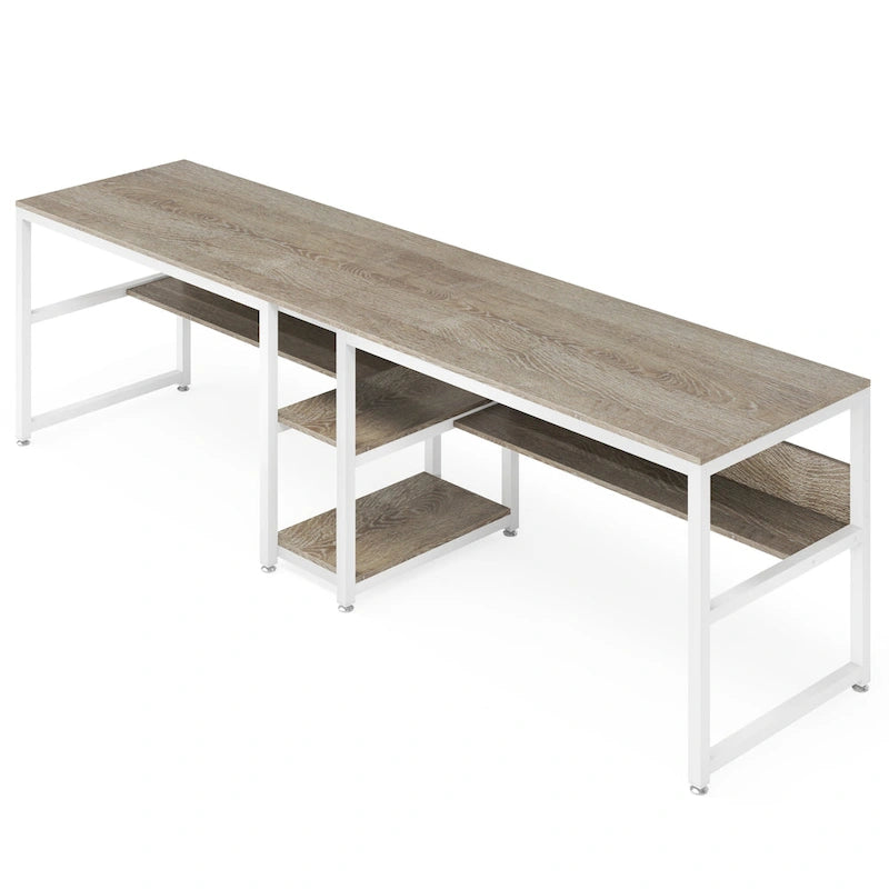 Industrial Double Desk with Bookshelf, 2-Person, Brown+Black / Black / White / Grey