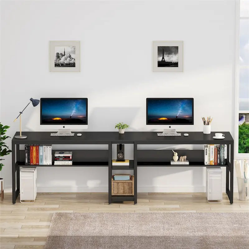 Industrial Double Desk with Bookshelf, 2-Person, Brown+Black / Black / White / Grey