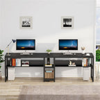 Industrial Double Desk with Bookshelf, 2-Person, Brown+Black / Black / White / Grey