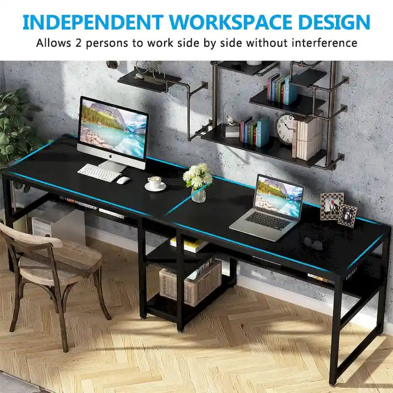 Industrial Double Desk with Bookshelf, 2-Person, Brown+Black / Black / White / Grey