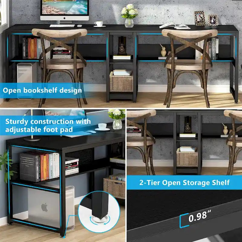 Industrial Double Desk with Bookshelf, 2-Person, Brown+Black / Black / White / Grey
