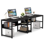 Industrial Double Desk with Bookshelf, 2-Person, Brown+Black / Black / White / Grey