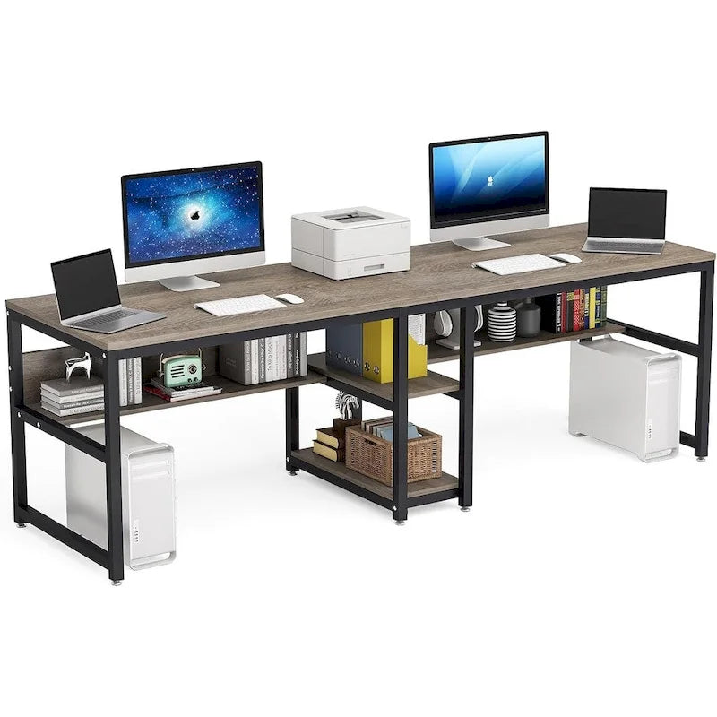 Industrial Double Desk with Bookshelf, 2-Person, Brown+Black / Black / White / Grey