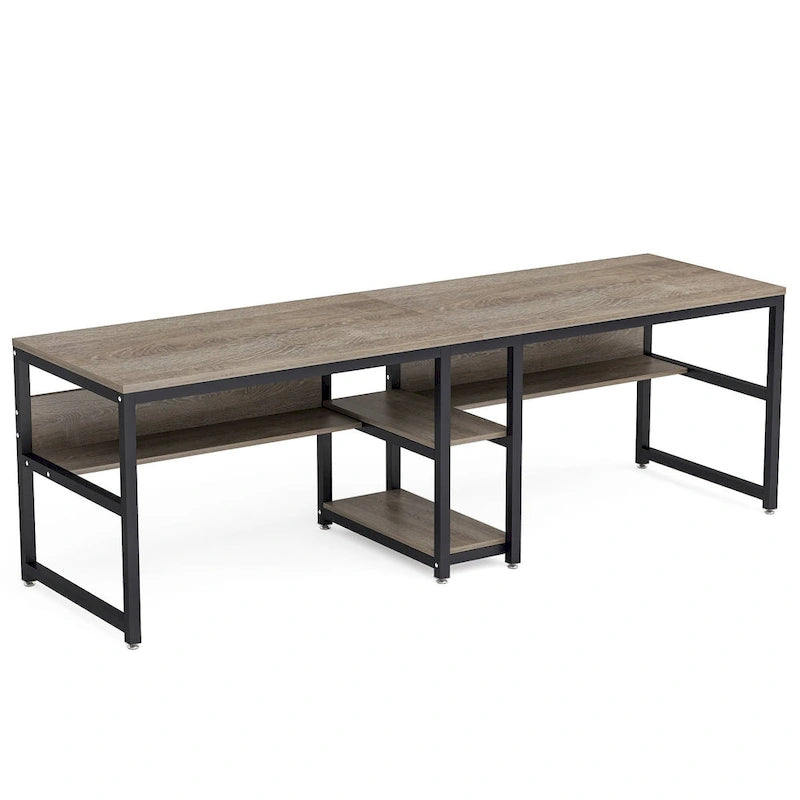 Industrial Double Desk with Bookshelf, 2-Person, Brown+Black / Black / White / Grey