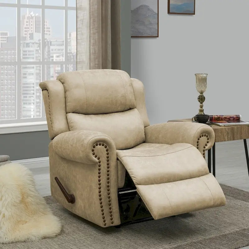 Faux Leather Wall-Hugger Recliner Chair, Single – Saddle Brown / Latte Tan / Fog Grey