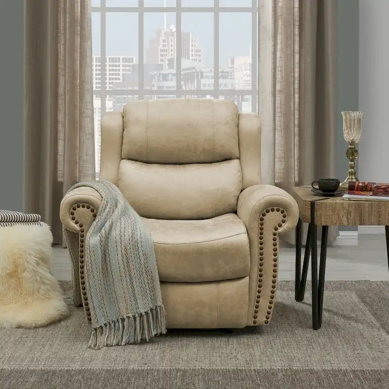 Faux Leather Wall-Hugger Recliner Chair, Single – Saddle Brown / Latte Tan / Fog Grey