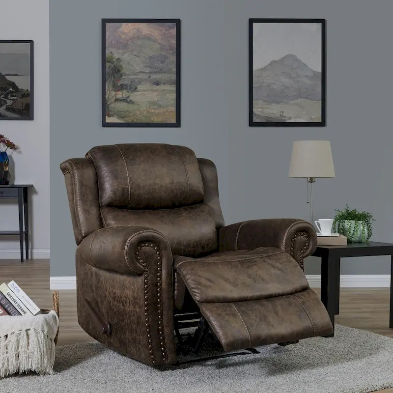 Faux Leather Wall-Hugger Recliner Chair, Single – Saddle Brown / Latte Tan / Fog Grey