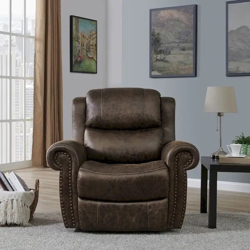 Faux Leather Wall-Hugger Recliner Chair, Single – Saddle Brown / Latte Tan / Fog Grey