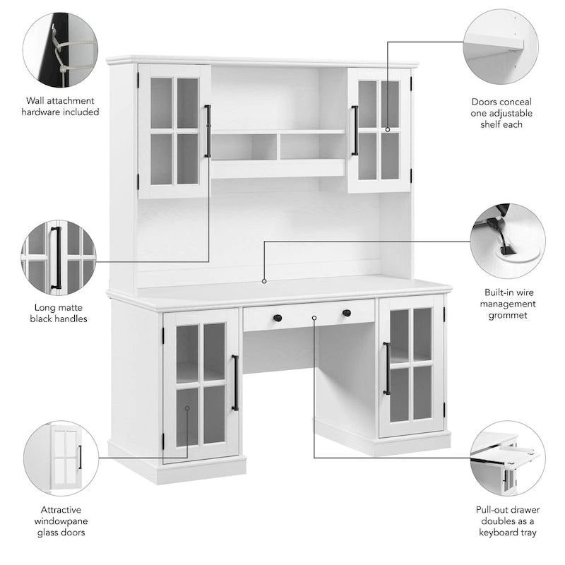 White Ash 60W Computer Desk with Hutch & Storage, Single