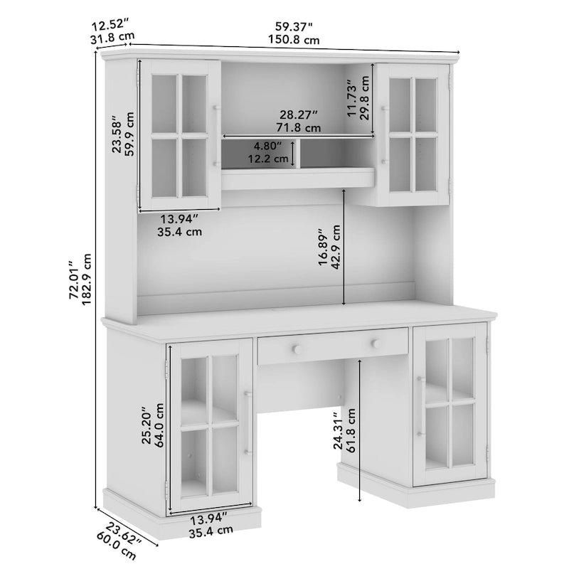 White Ash 60W Computer Desk with Hutch & Storage, Single