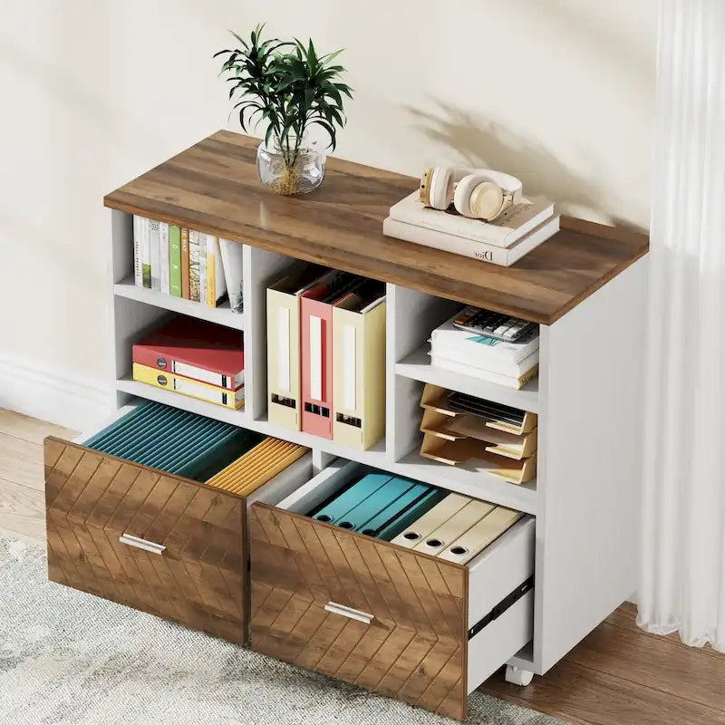 Oak/Gray/Brown Mobile File Cabinet – 2 Drawers & 5 Shelves, 1-Person Use