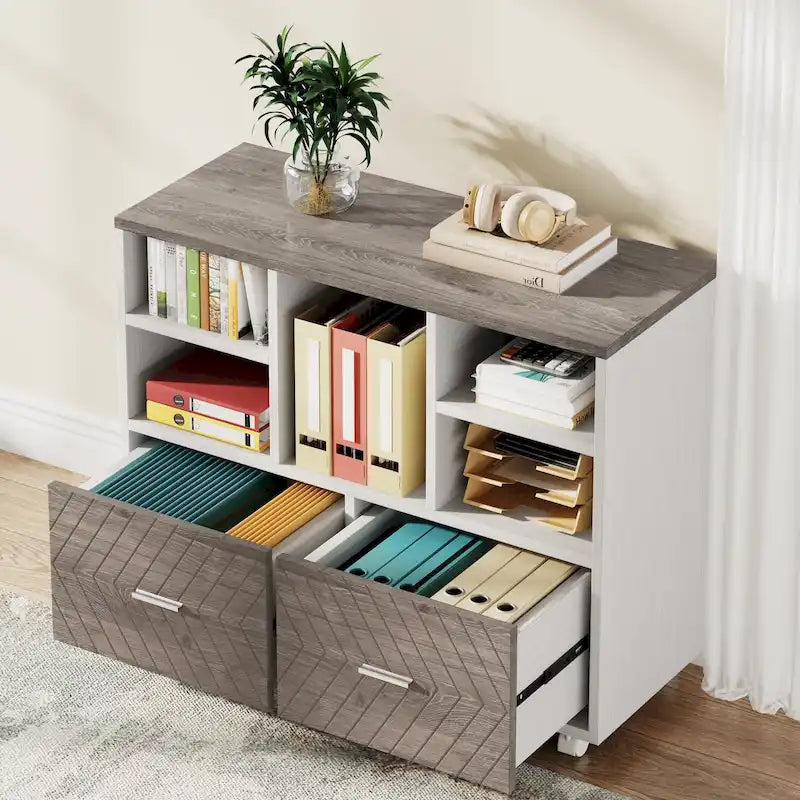 Oak/Gray/Brown Mobile File Cabinet – 2 Drawers & 5 Shelves, 1-Person Use