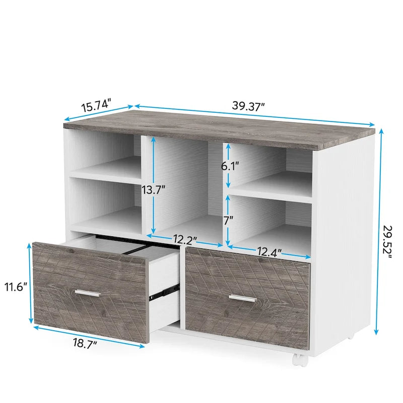 Oak/Gray/Brown Mobile File Cabinet – 2 Drawers & 5 Shelves, 1-Person Use