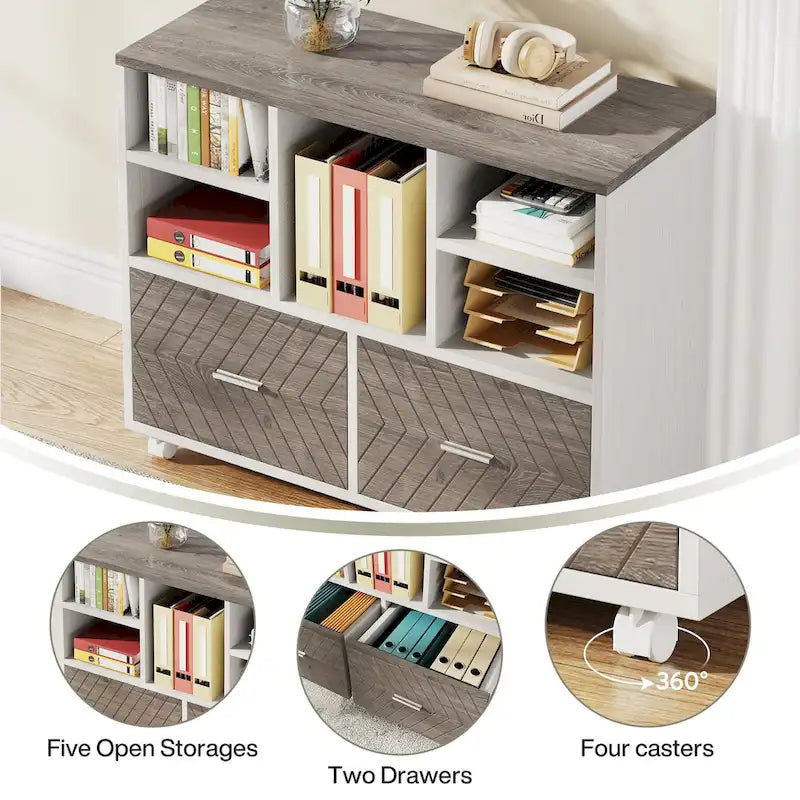 Oak/Gray/Brown Mobile File Cabinet – 2 Drawers & 5 Shelves, 1-Person Use