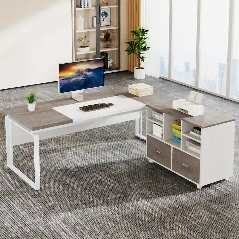 Oak/Gray/Brown Mobile File Cabinet – 2 Drawers & 5 Shelves, 1-Person Use