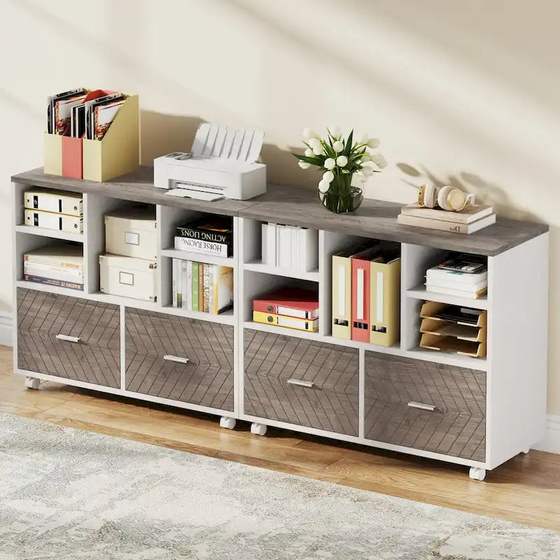 Oak/Gray/Brown Mobile File Cabinet – 2 Drawers & 5 Shelves, 1-Person Use