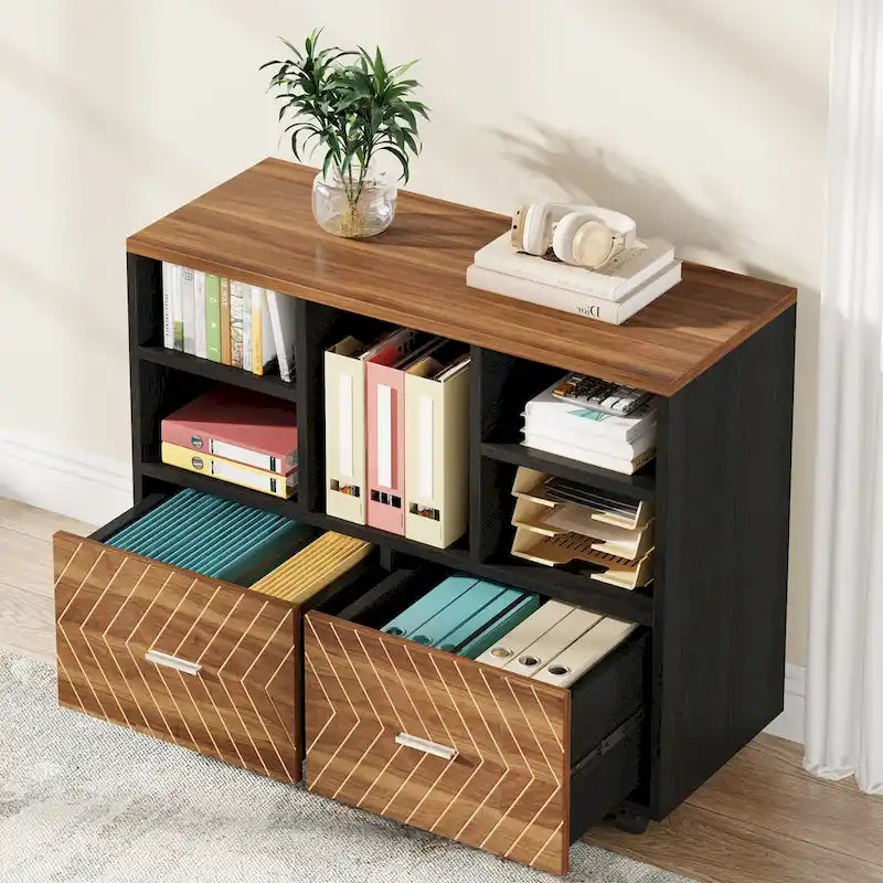 Oak/Gray/Brown Mobile File Cabinet – 2 Drawers & 5 Shelves, 1-Person Use