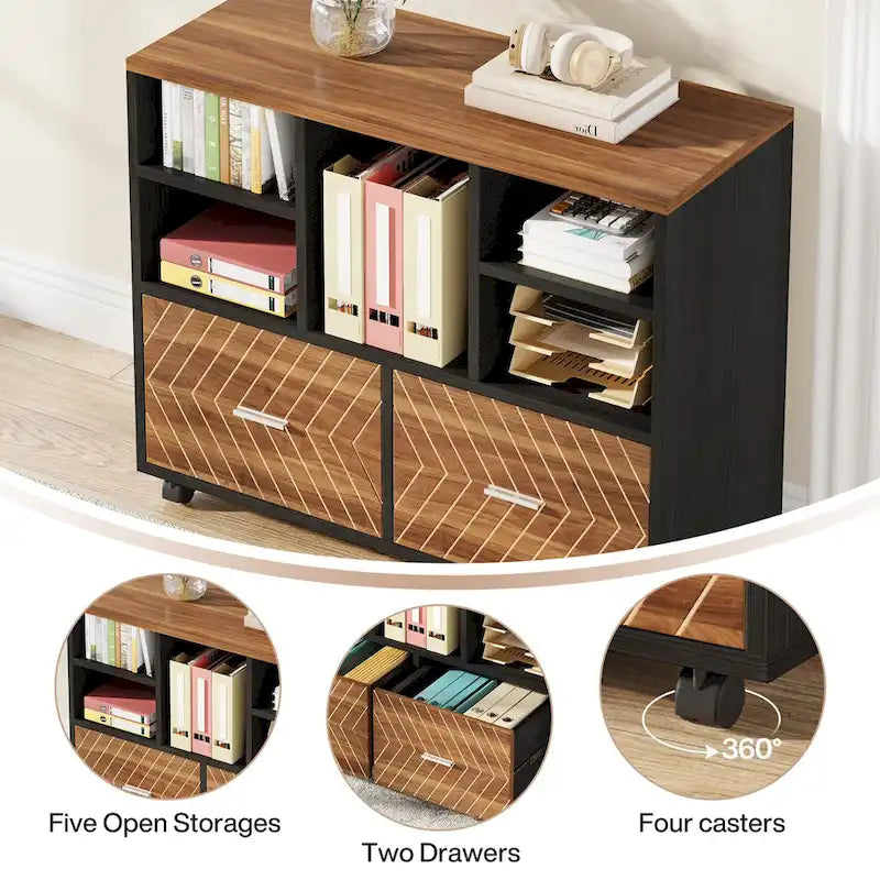 Oak/Gray/Brown Mobile File Cabinet – 2 Drawers & 5 Shelves, 1-Person Use