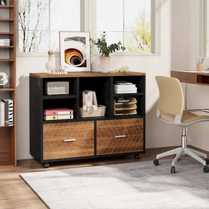 Oak/Gray/Brown Mobile File Cabinet – 2 Drawers & 5 Shelves, 1-Person Use