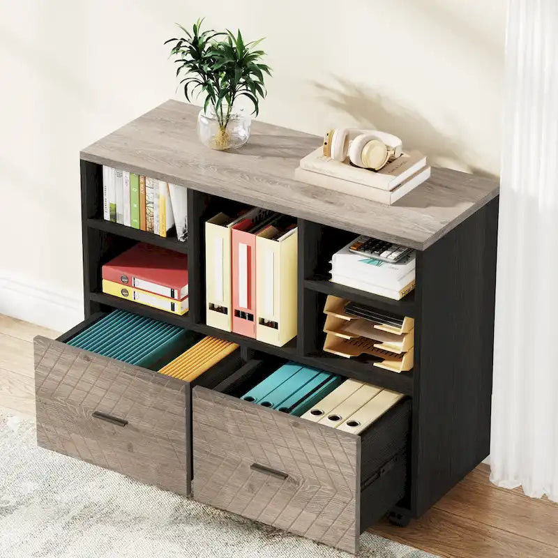 Oak/Gray/Brown Mobile File Cabinet – 2 Drawers & 5 Shelves, 1-Person Use