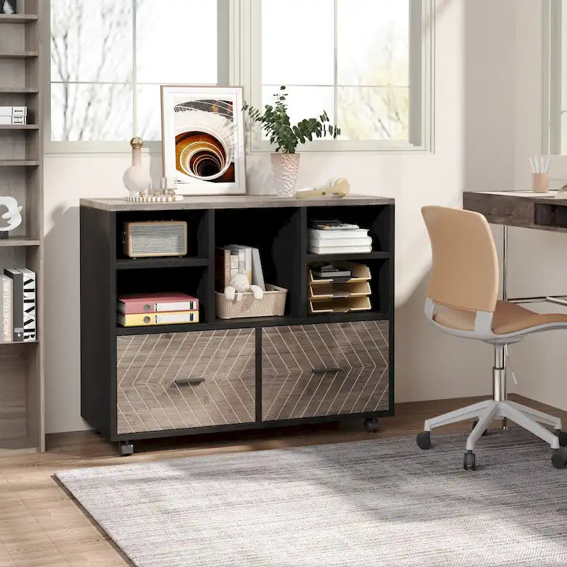 Oak/Gray/Brown Mobile File Cabinet – 2 Drawers & 5 Shelves, 1-Person Use