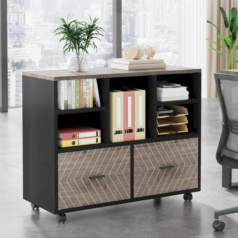 Oak/Gray/Brown Mobile File Cabinet – 2 Drawers & 5 Shelves, 1-Person Use