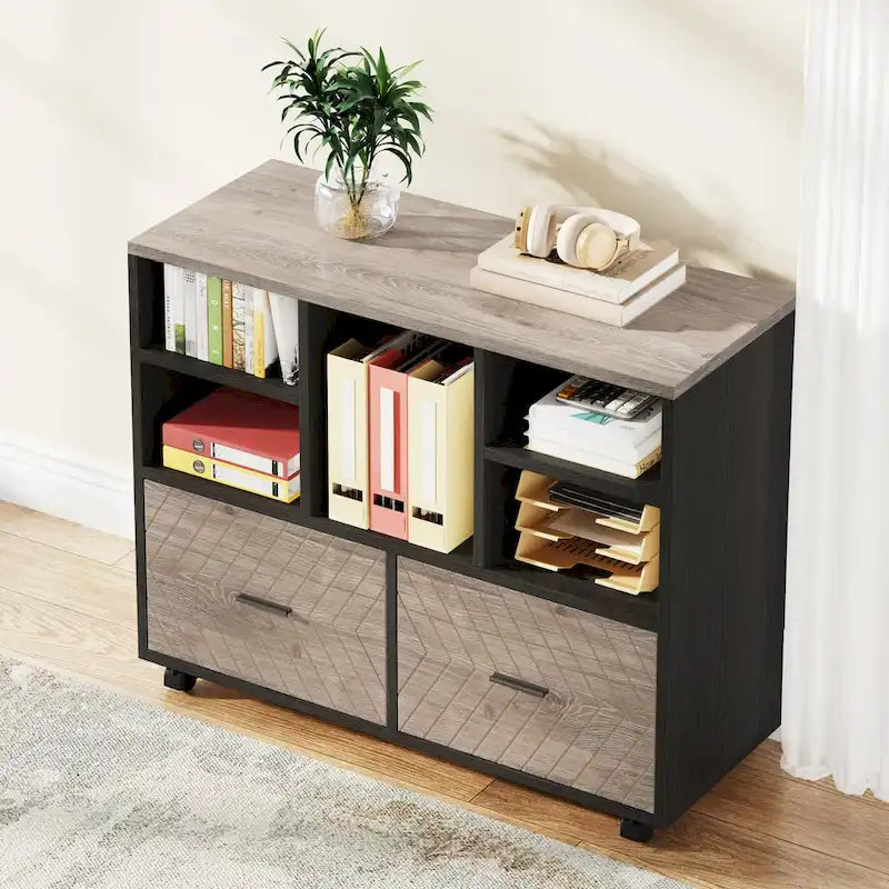 Oak/Gray/Brown Mobile File Cabinet – 2 Drawers & 5 Shelves, 1-Person Use