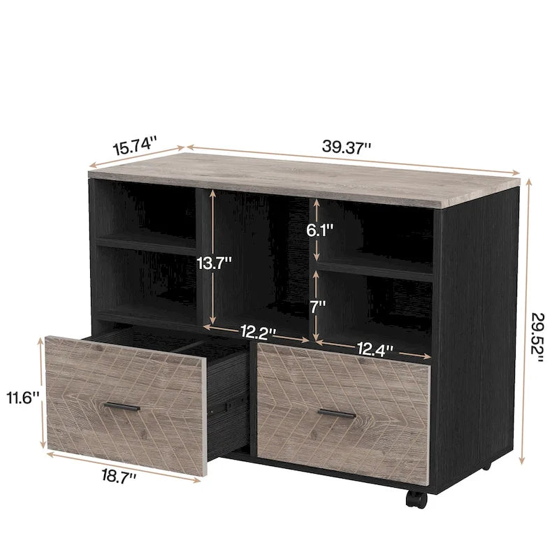 Oak/Gray/Brown Mobile File Cabinet – 2 Drawers & 5 Shelves, 1-Person Use