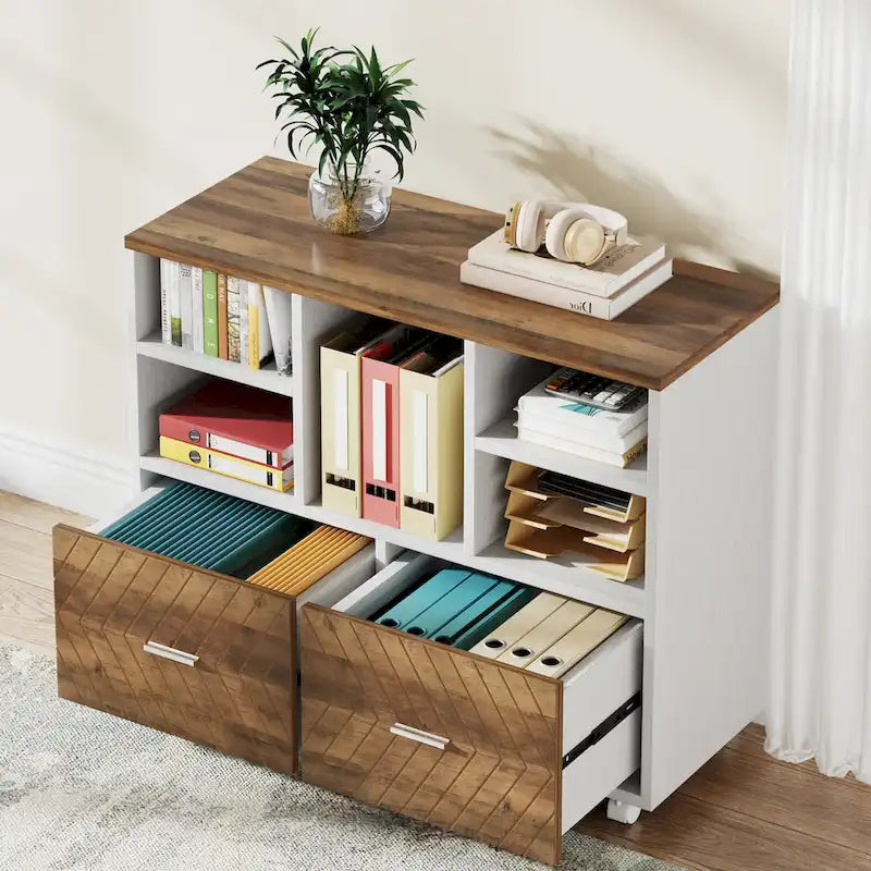 Oak/Gray/Brown Mobile File Cabinet – 2 Drawers & 5 Shelves, 1-Person Use