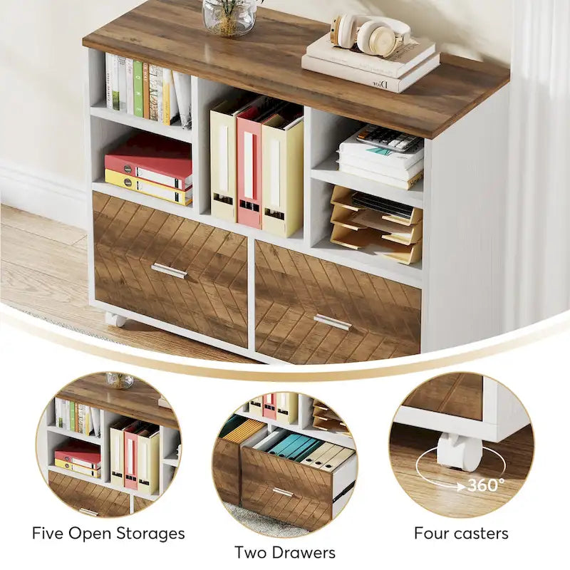 Oak/Gray/Brown Mobile File Cabinet – 2 Drawers & 5 Shelves, 1-Person Use