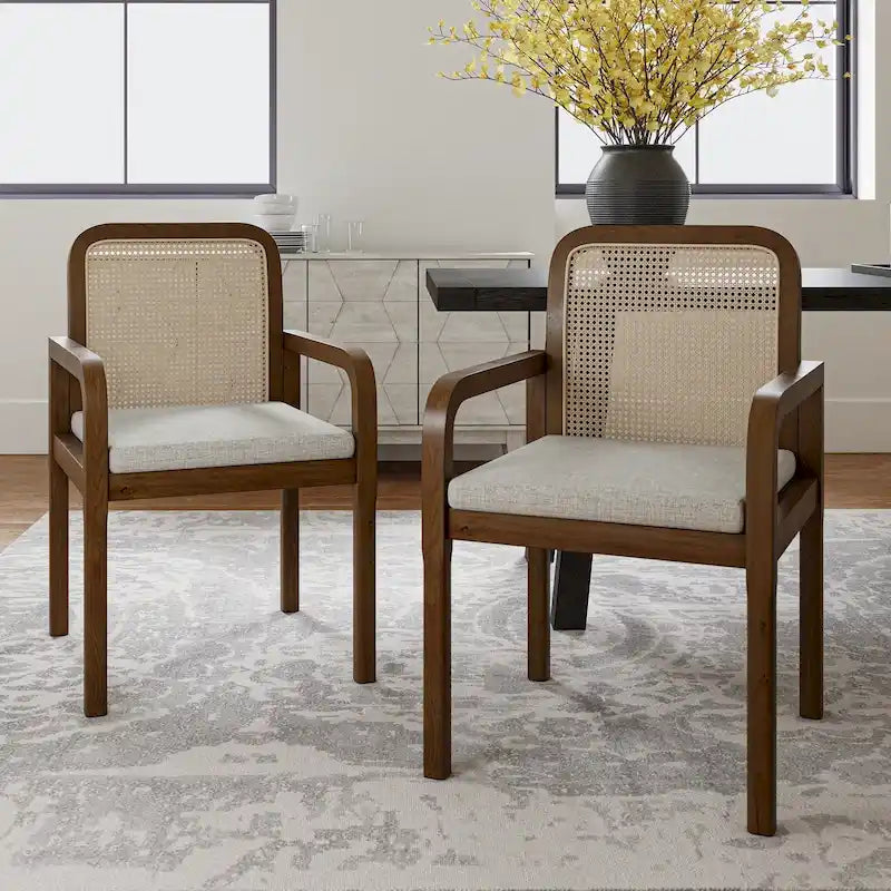 Black / Acorn Rattan Back Dining Chair with Removable Cushion, Set of 2