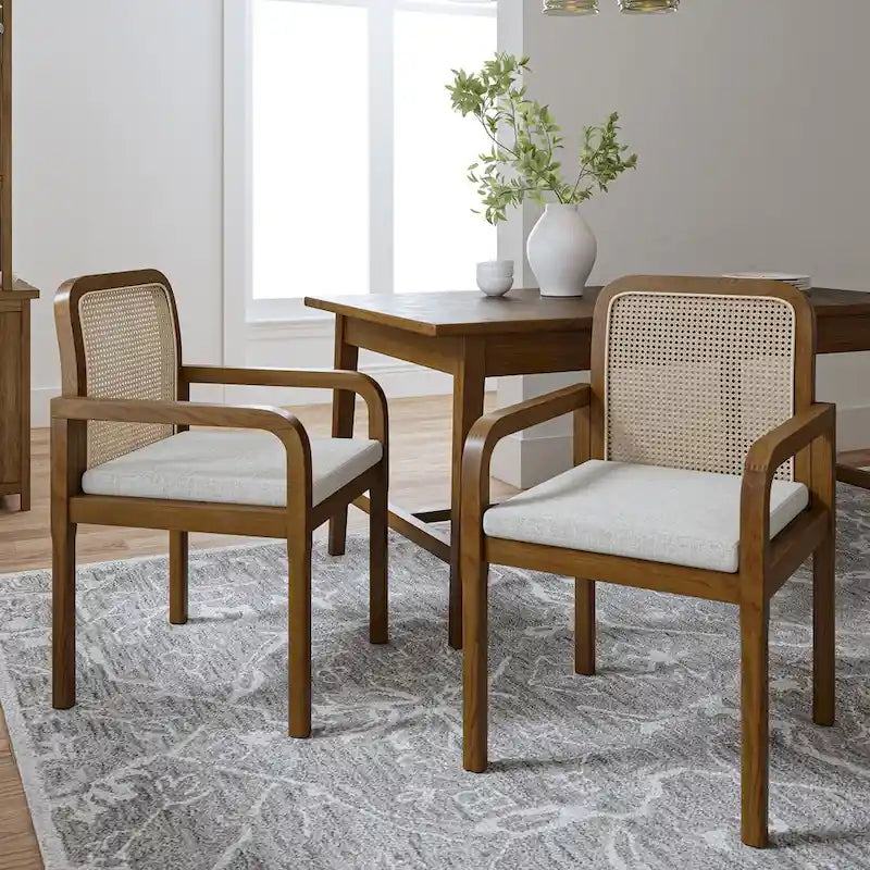 Black / Acorn Rattan Back Dining Chair with Removable Cushion, Set of 2