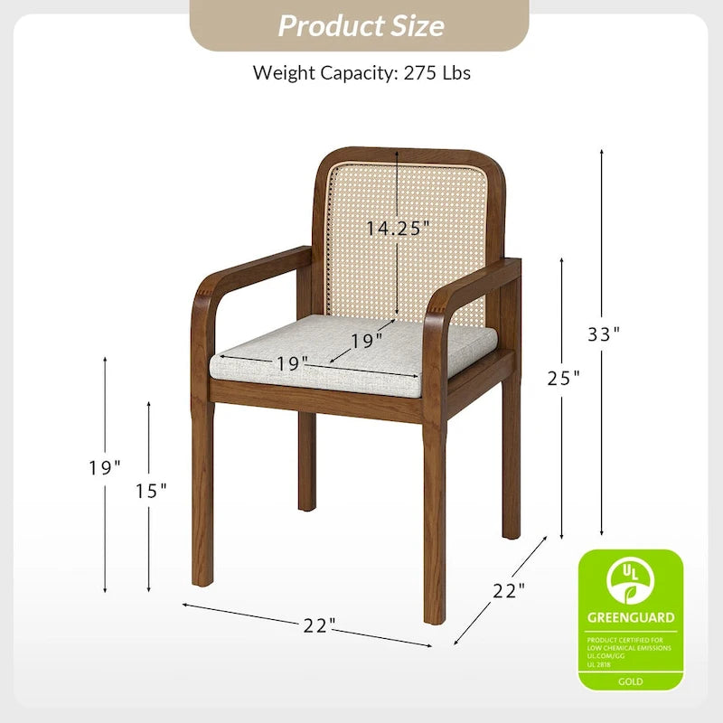 Black / Acorn Rattan Back Dining Chair with Removable Cushion, Set of 2