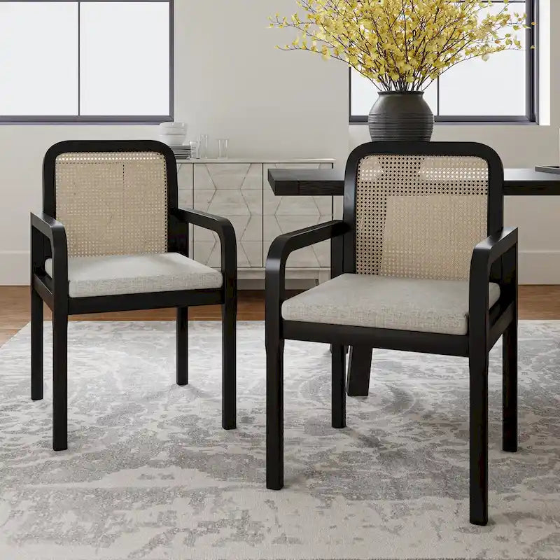 Black / Acorn Rattan Back Dining Chair with Removable Cushion, Set of 2