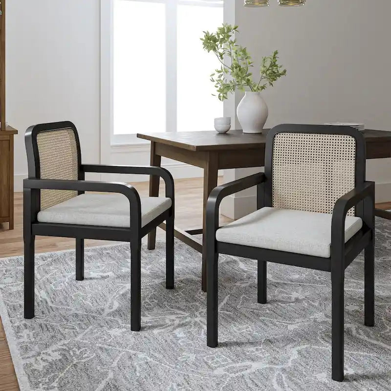 Black / Acorn Rattan Back Dining Chair with Removable Cushion, Set of 2