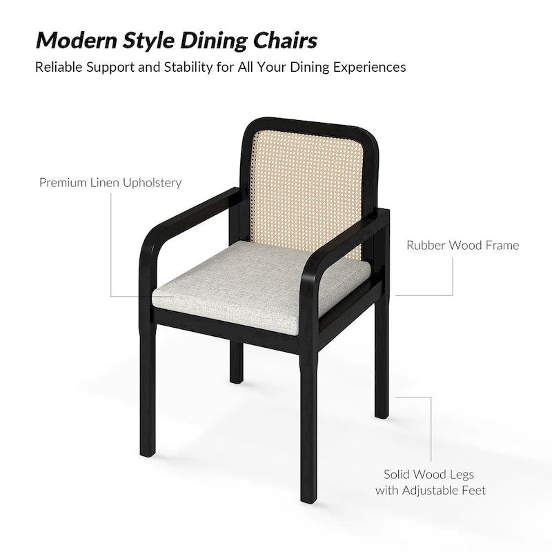 Black / Acorn Rattan Back Dining Chair with Removable Cushion, Set of 2