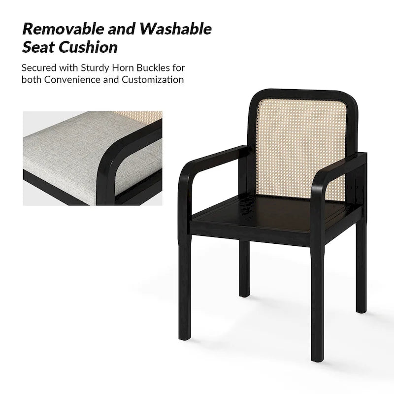 Black / Acorn Rattan Back Dining Chair with Removable Cushion, Set of 2