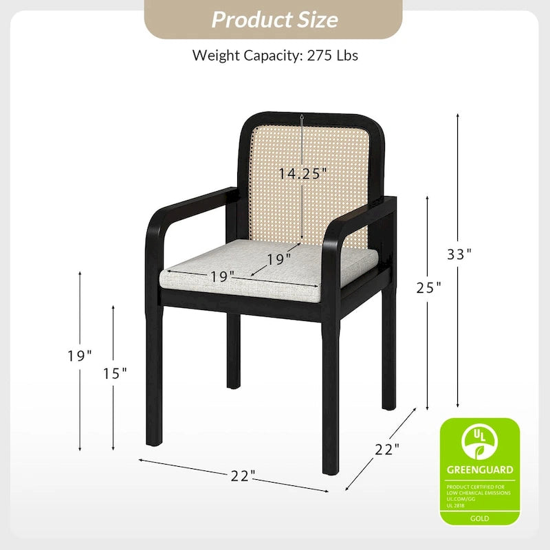 Black / Acorn Rattan Back Dining Chair with Removable Cushion, Set of 2