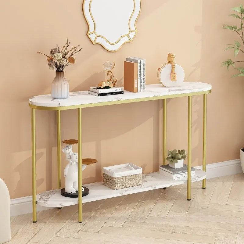 2-Tier Narrow Console Table with Storage Shelves, Black/White & Gold/White