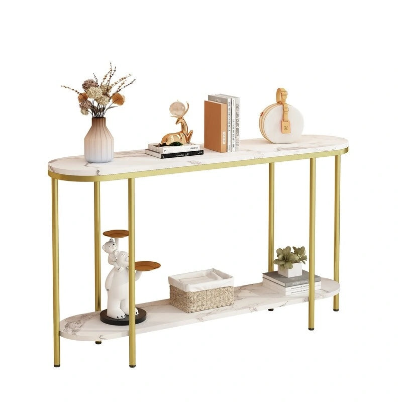 2-Tier Narrow Console Table with Storage Shelves, Black/White & Gold/White