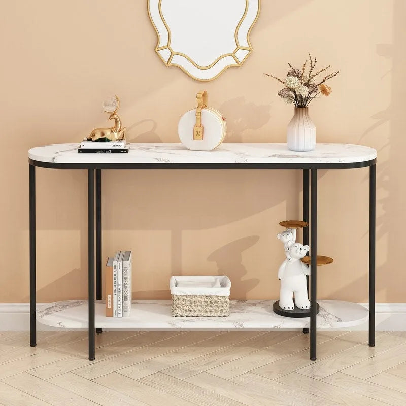2-Tier Narrow Console Table with Storage Shelves, Black/White & Gold/White