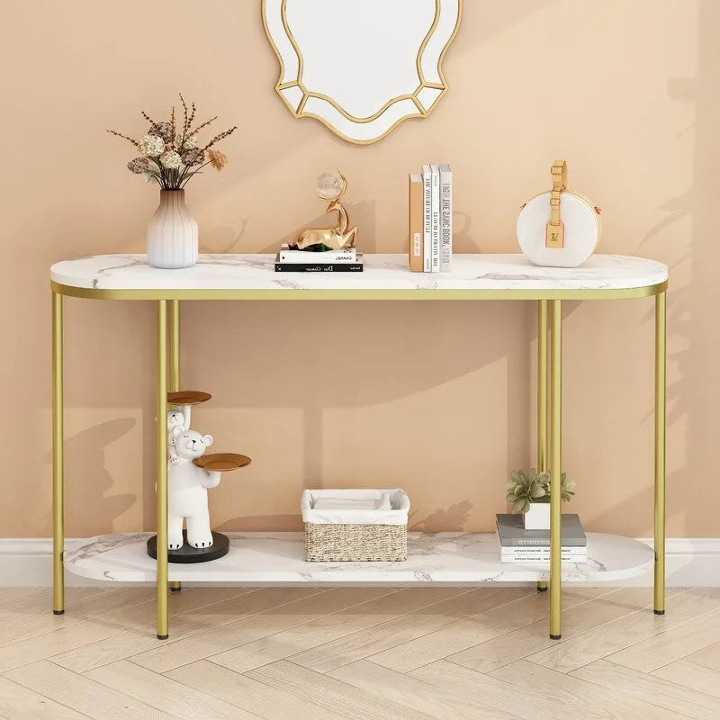 2-Tier Narrow Console Table with Storage Shelves, Black/White & Gold/White
