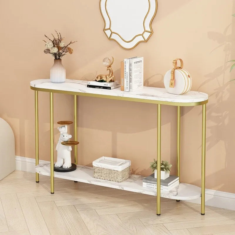 2-Tier Narrow Console Table with Storage Shelves, Black/White & Gold/White